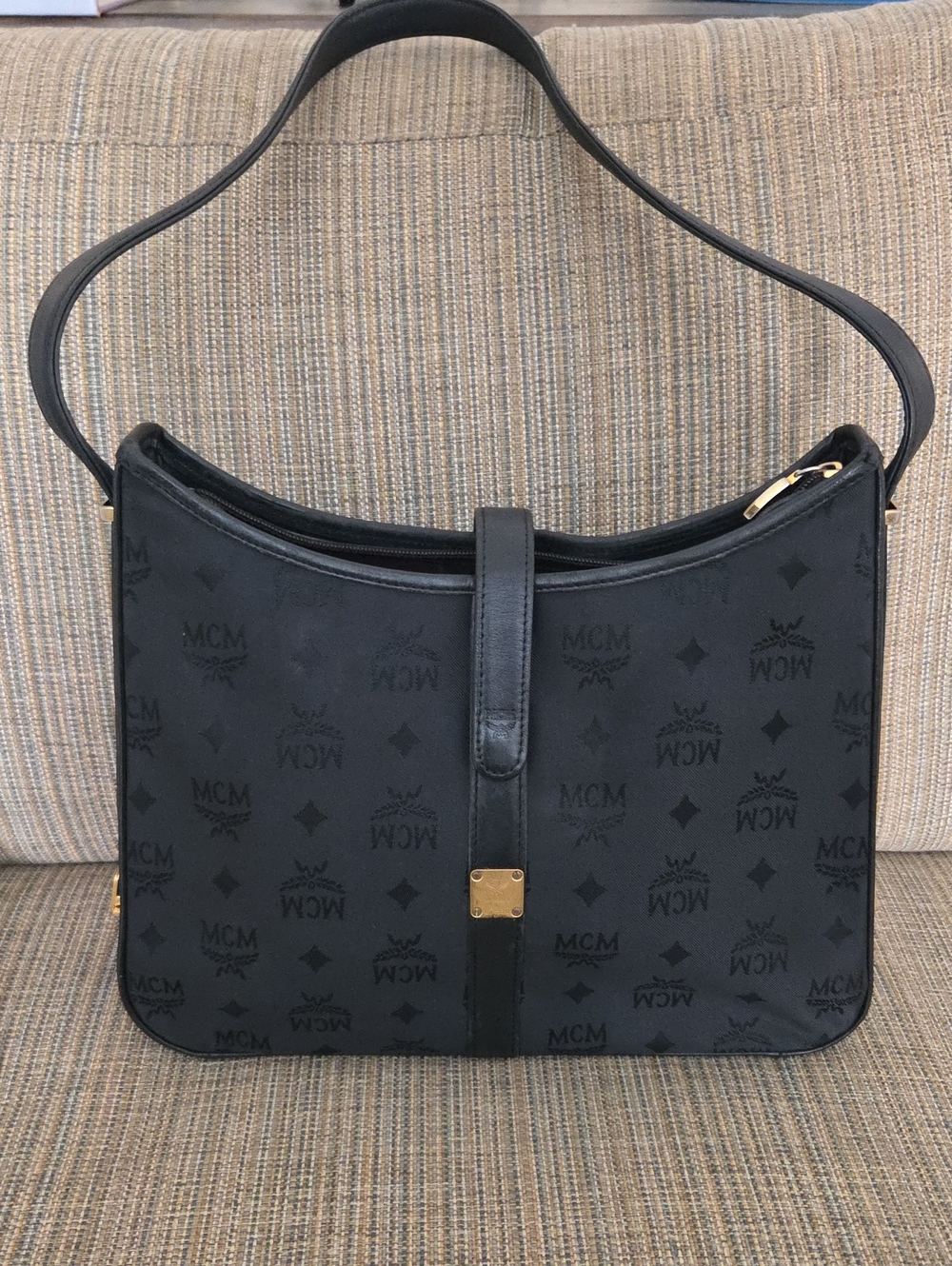 Black MCM leather and canvas convertible shoulder crossbody bag
